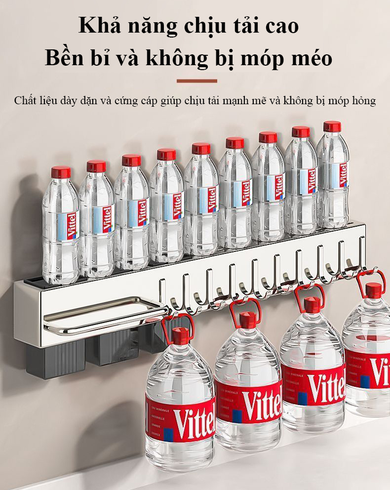 Giá đỡ dao treo tường Regoo RG2033, 60cm, 10 móc, lắp không khoan, tích hợp chỗ để đũa và khăn lau