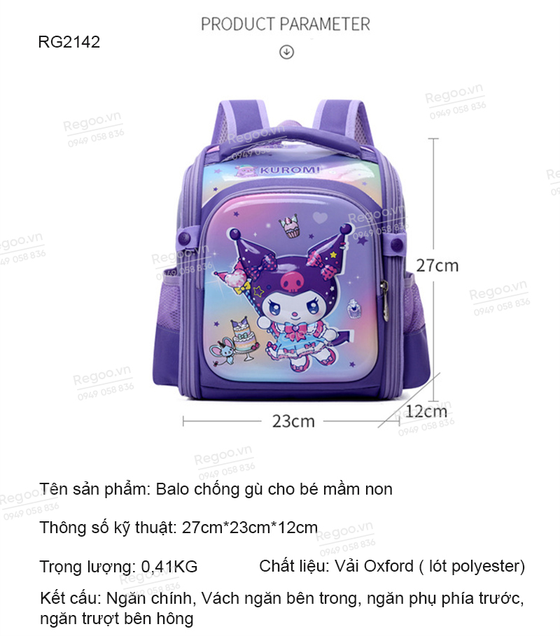 Balo chống gù mầm non Regoo vải Oxford cao cấp chống thấm RG2142, cặp sách trẻ em trợ lực, balo đi học nhiều ngăn cho bé trai bé gái