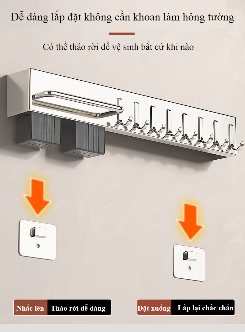 Giá đỡ dao treo tường Regoo RG2033, 60cm, 10 móc, lắp không khoan, tích hợp chỗ để đũa và khăn lau