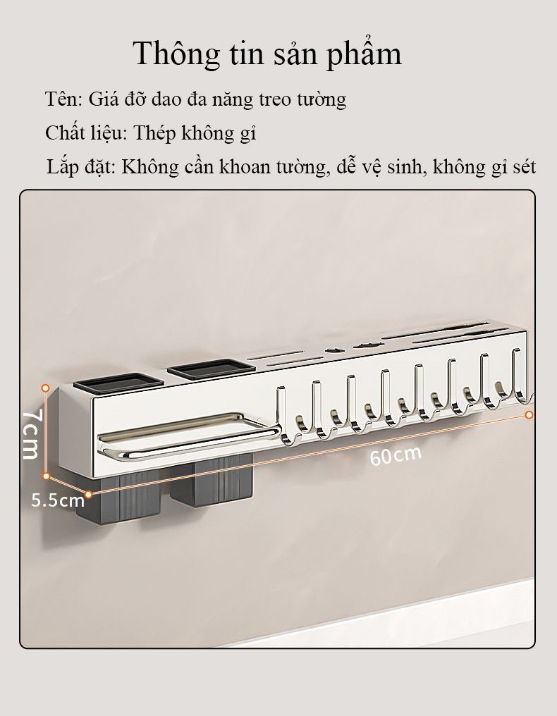 Giá đỡ dao treo tường Regoo RG2033, 60cm, 10 móc, lắp không khoan, tích hợp chỗ để đũa và khăn lau