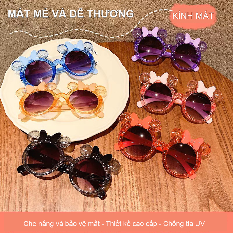 Kính râm trẻ em RG1743 UV400, dáng tròn nơ tai gấu, gọng nhẹ - Kính râm trẻ em nơ tai gấu chống nắng UV400, kính mát bé gái phong cách dễ thương, kính chụp ảnh đi chơi cho bé
