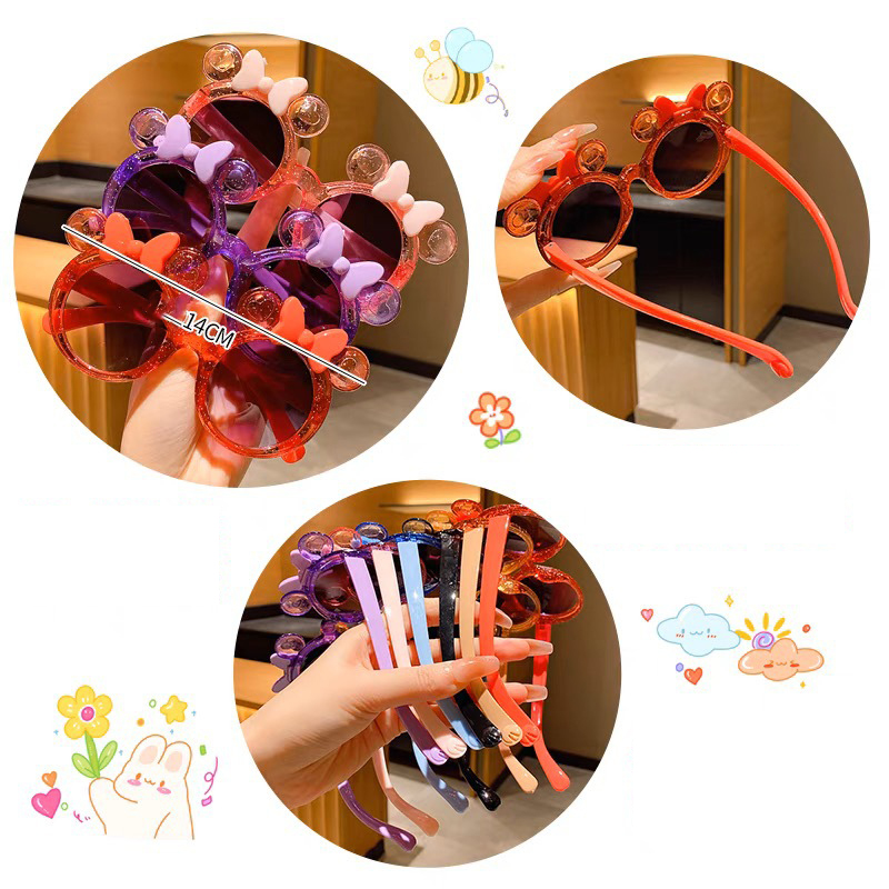 Kính râm trẻ em RG1743 UV400, dáng tròn nơ tai gấu, gọng nhẹ - Kính râm trẻ em nơ tai gấu chống nắng UV400, kính mát bé gái phong cách dễ thương, kính chụp ảnh đi chơi cho bé