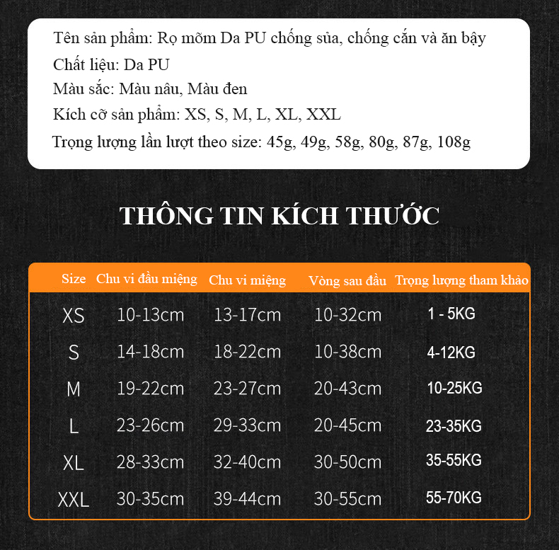 Rọ mõm chó da PU chống cắn chống sủa chống ăn bậy, mõm chó cho chó nhỏ vừa lớn, phụ kiện huấn luyện chó XS  - XXL