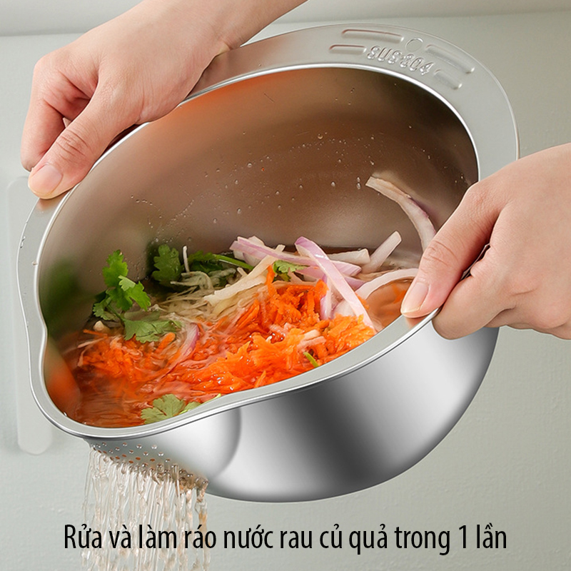 Chậu vo gạo inox 304 Regoo RG1634 đáy nghiêng thoát nước, dùng vo gạo rửa rau và chắt nước gọn hơn
