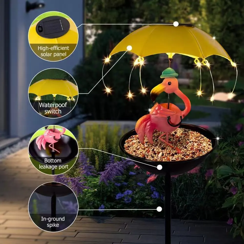 Đèn sân vườn NLMT Regoo RG3137, kiêm khay cho chim ăn, hình thú đội ô, decor ngoài trời