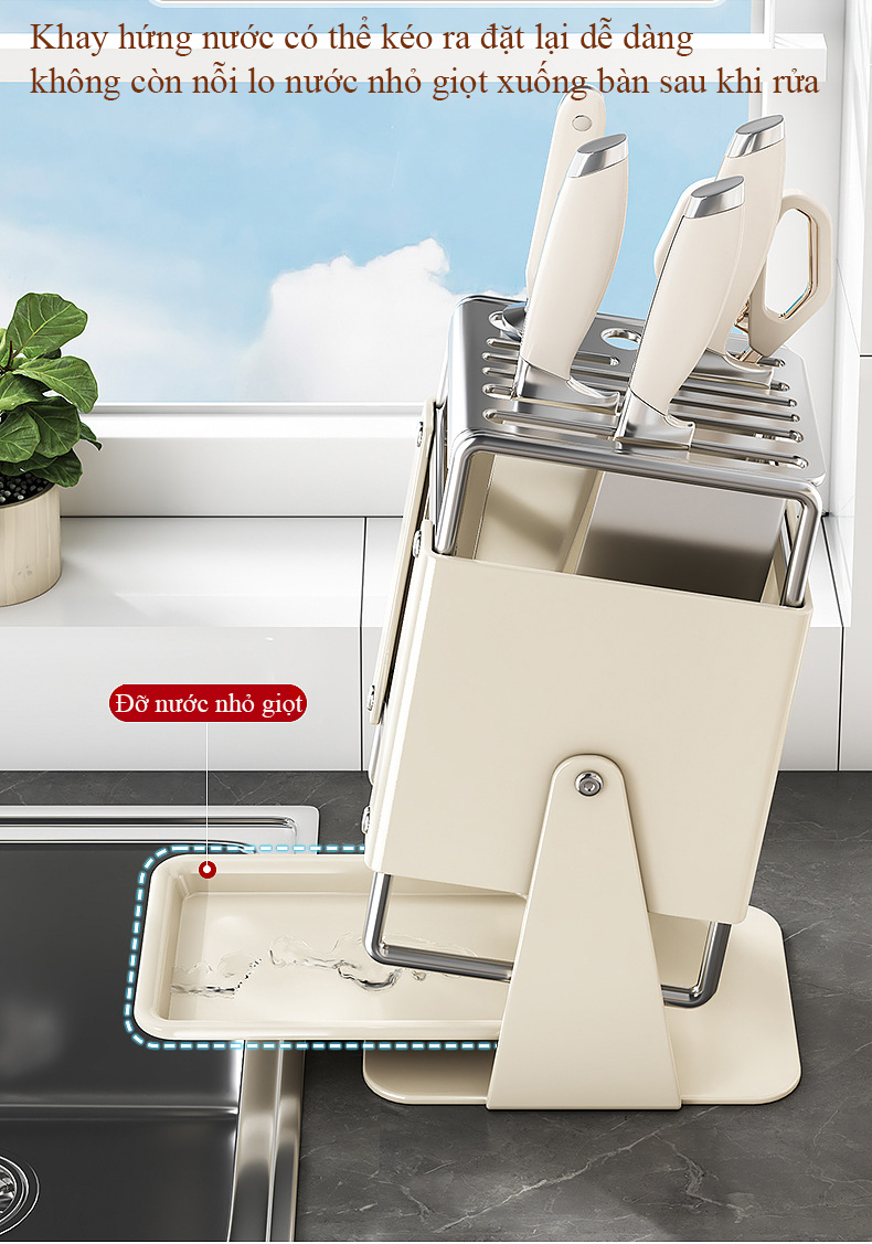 Giá đỡ dao bếp xoay 30 độ có khay thoát nước để bàn