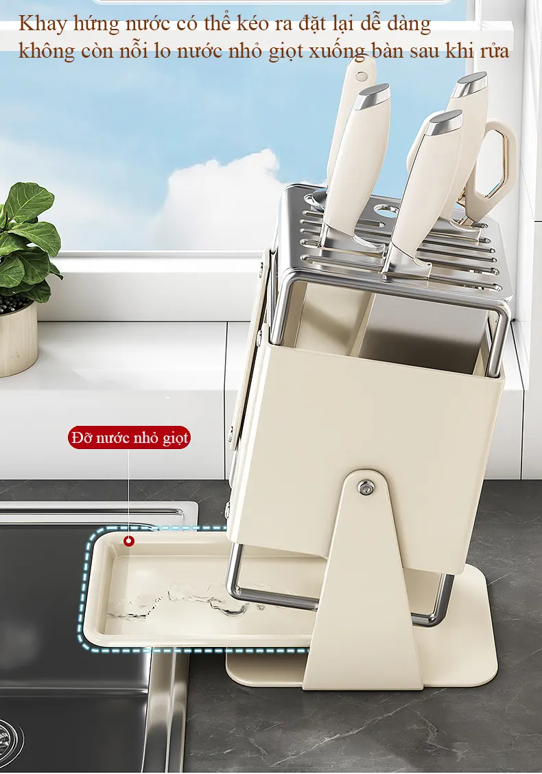Giá đỡ dao bếp xoay 30 độ có khay thoát nước để bàn