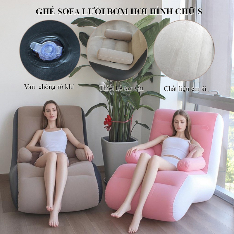 Ghế sofa bơm hơi Regoo RG2831 chữ S, phủ nhung mềm, có tay vịn, kích thước 140 x 85 x 80 cm