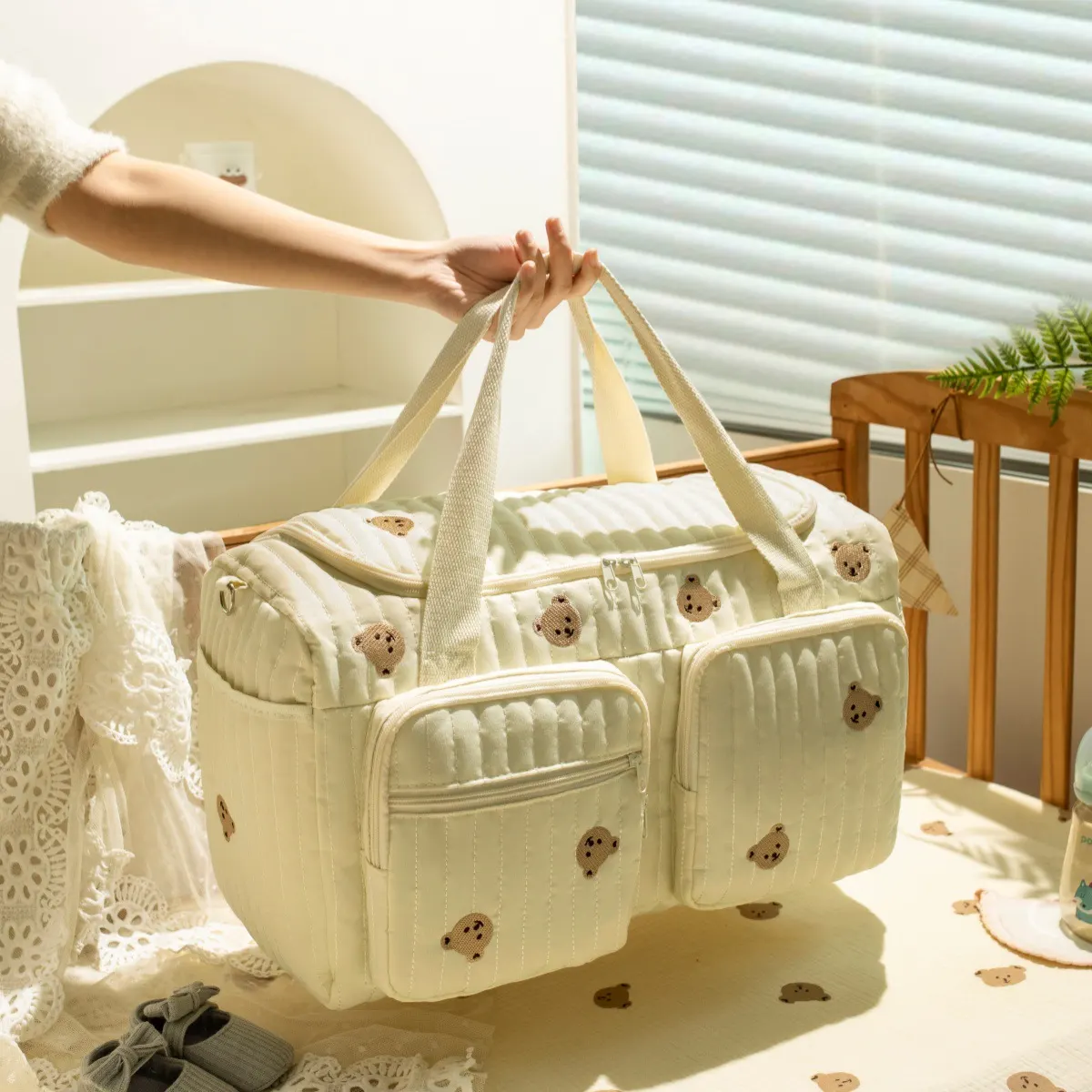 Túi xách mẹ và bé họa tiết gấu dễ thương RG1731, túi đựng đồ đa năng phong cách hoạt hình dung tích lớn