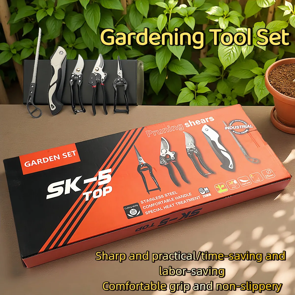 Bộ dụng cụ làm vườn 5 món Regoo RG3132, gồm kéo tỉa, cưa gấp, tay cầm êm chống trượt