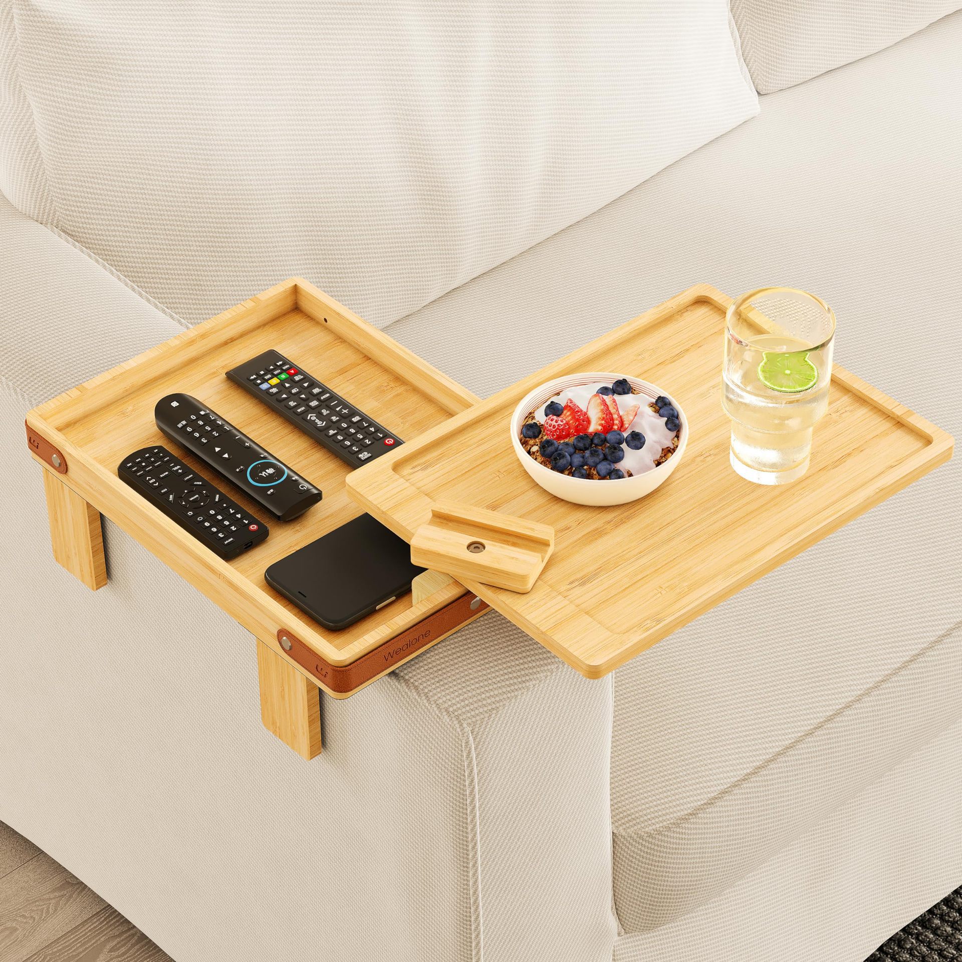 Khay gắn tay vịn sofa RG1742 hai tầng xoay mở, để ly nước, điện thoại, remote và snack