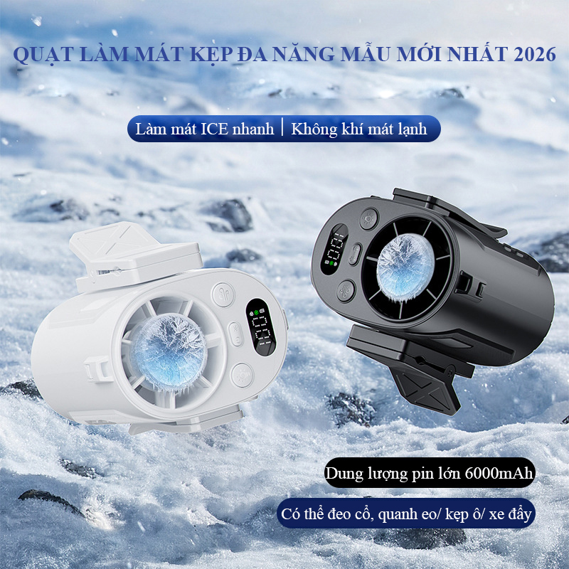 Quạt làm mát kẹp đa năng bản nâng cấp siêu nhẹ 2026, Quạt treo ô/ treo xe đẩy, quạt đeo cổ tốc độ cao đi du lịch, dã ngoại, đạp xe và hoạt động thể thao ngoài trời