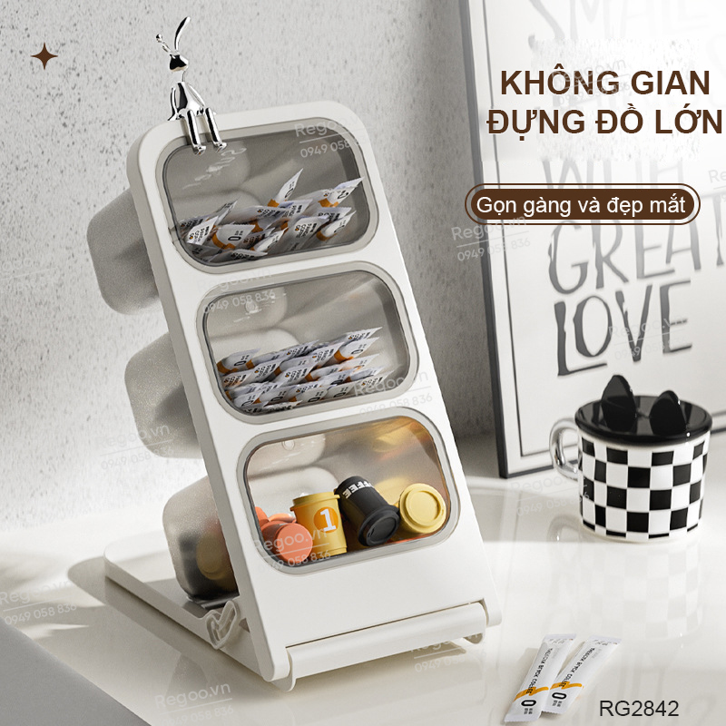 Hộp đựng trà / cà phê để bàn nhiều ngăn RG2843, giúp phân loại gọn gàng, phù hợp dùng trong phòng trà, quầy cà phê hoặc góc bếp.