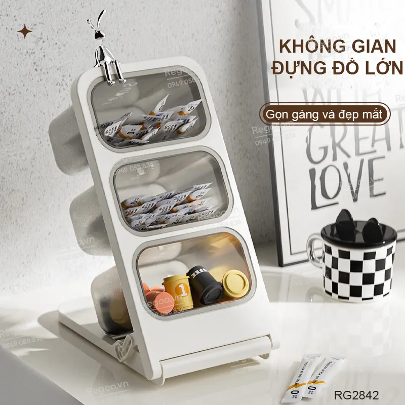 Hộp đựng trà / cà phê để bàn nhiều ngăn RG2843, giúp phân loại gọn gàng, phù hợp dùng trong phòng trà, quầy cà phê hoặc góc bếp.