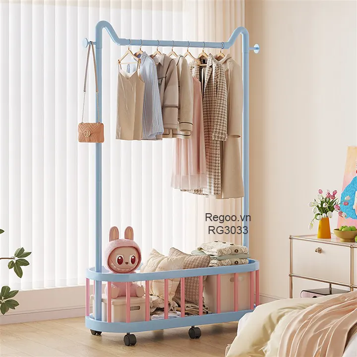 Giá treo quần áo Regoo RG3033 để sàn, có giỏ dưới, bánh xe, size 60/80/100cm