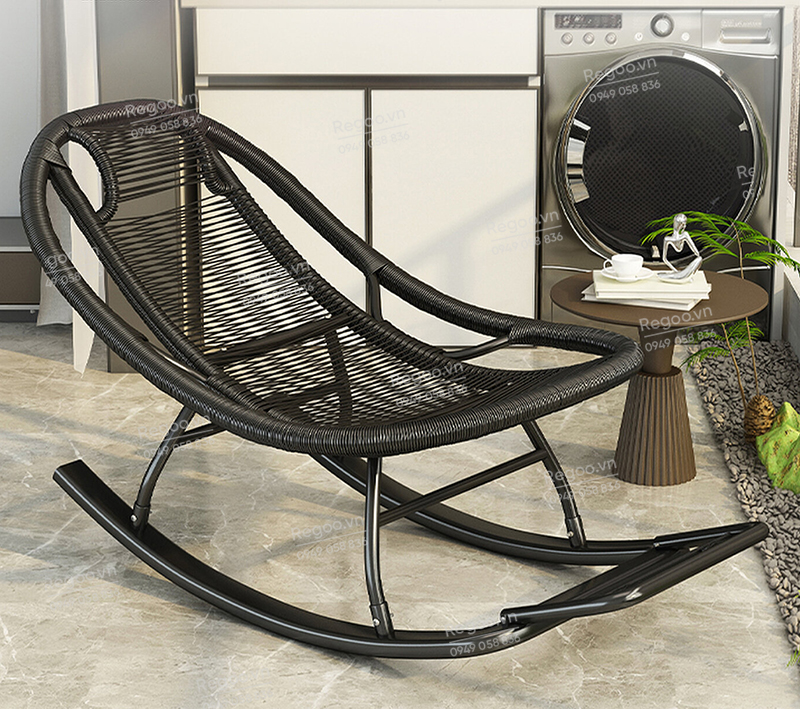 Ghế bập bênh Regoo RG2741, khung kim loại đan mây, bập bênh thư giãn 30°, ghế nằm lười ban công ngủ trưa, ghế rocking chair khung kim loại đan dây cho phòng khách sân vườn