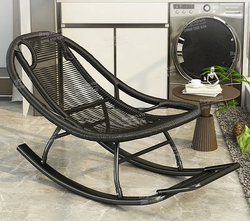 Ghế bập bênh Regoo RG2741, khung kim loại đan mây, bập bênh thư giãn 30°, ghế nằm lười ban công ngủ trưa, ghế rocking chair khung kim loại đan dây cho phòng khách sân vườn
