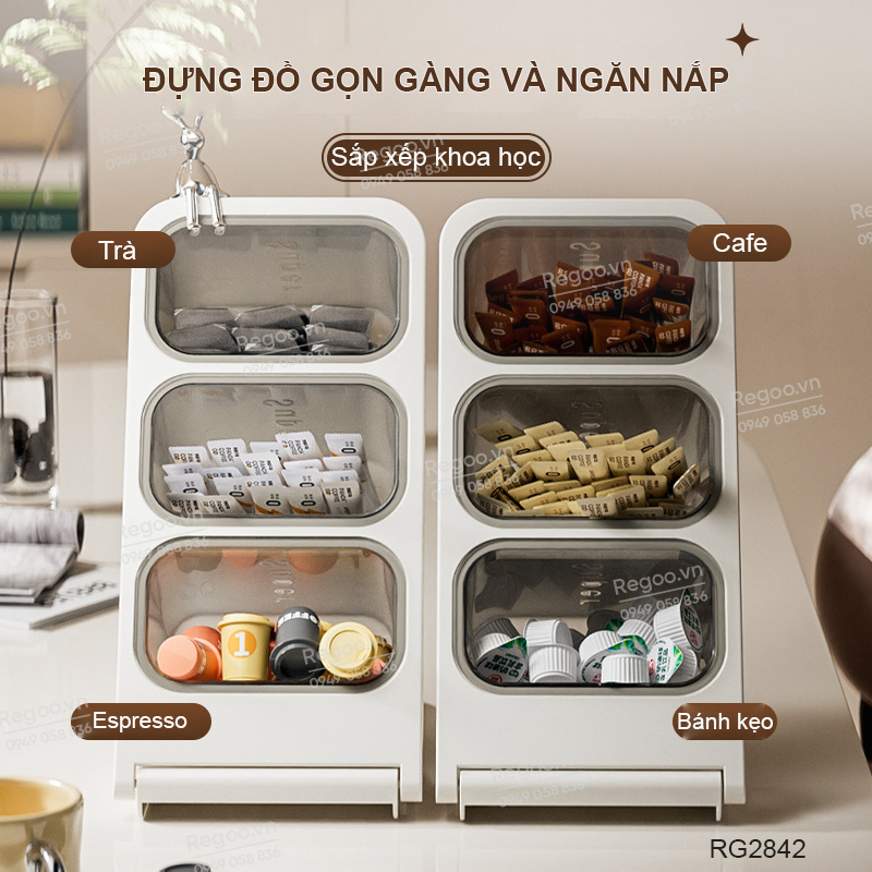 Hộp đựng trà / cà phê để bàn nhiều ngăn RG2843, giúp phân loại gọn gàng, phù hợp dùng trong phòng trà, quầy cà phê hoặc góc bếp.
