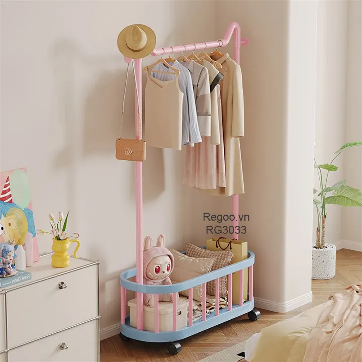 Giá treo quần áo Regoo RG3033 để sàn, có giỏ dưới, bánh xe, size 60/80/100cm