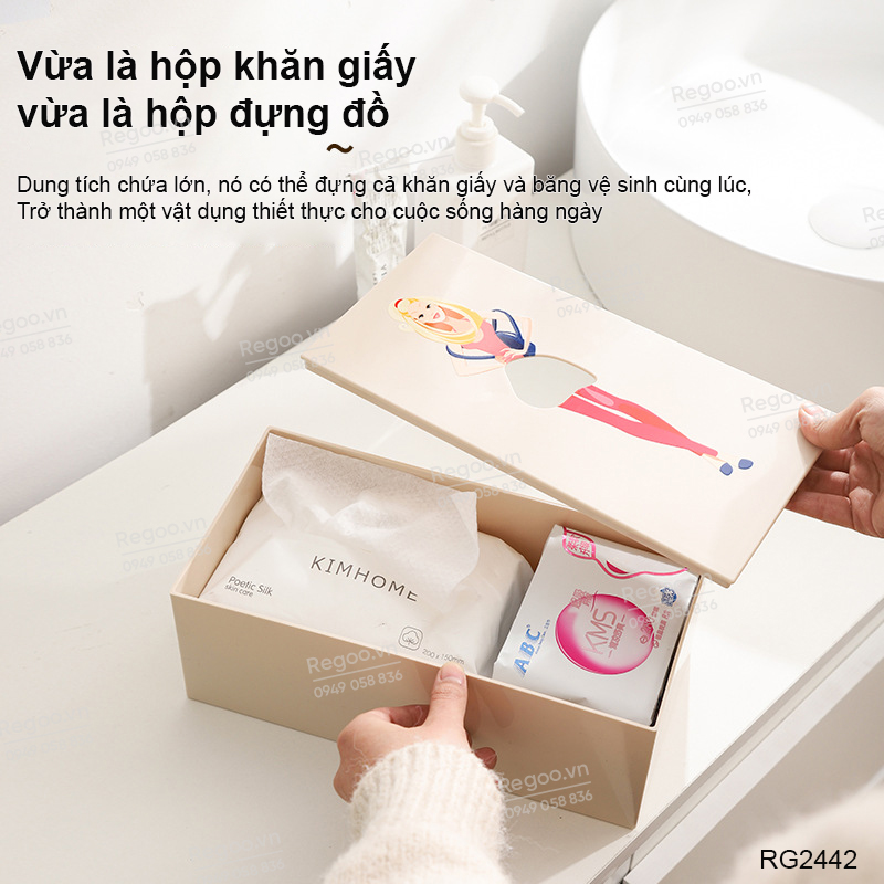 Hộp đựng khăn giấy Regoo RG2442, nhựa ABS, họa tiết cô gái, để bàn gọn đẹp, hộp rút giấy ăn đa năng cho phòng khách bàn trà quán cafe phong cách hiện đại