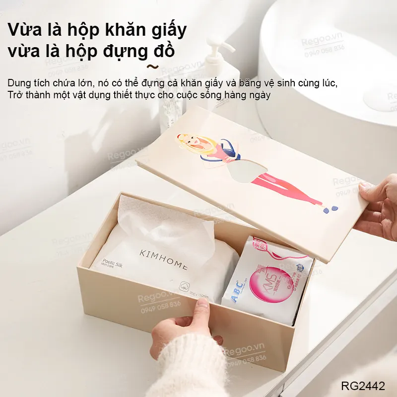 Hộp đựng khăn giấy Regoo RG2442, nhựa ABS, họa tiết cô gái, để bàn gọn đẹp, hộp rút giấy ăn đa năng cho phòng khách bàn trà quán cafe phong cách hiện đại