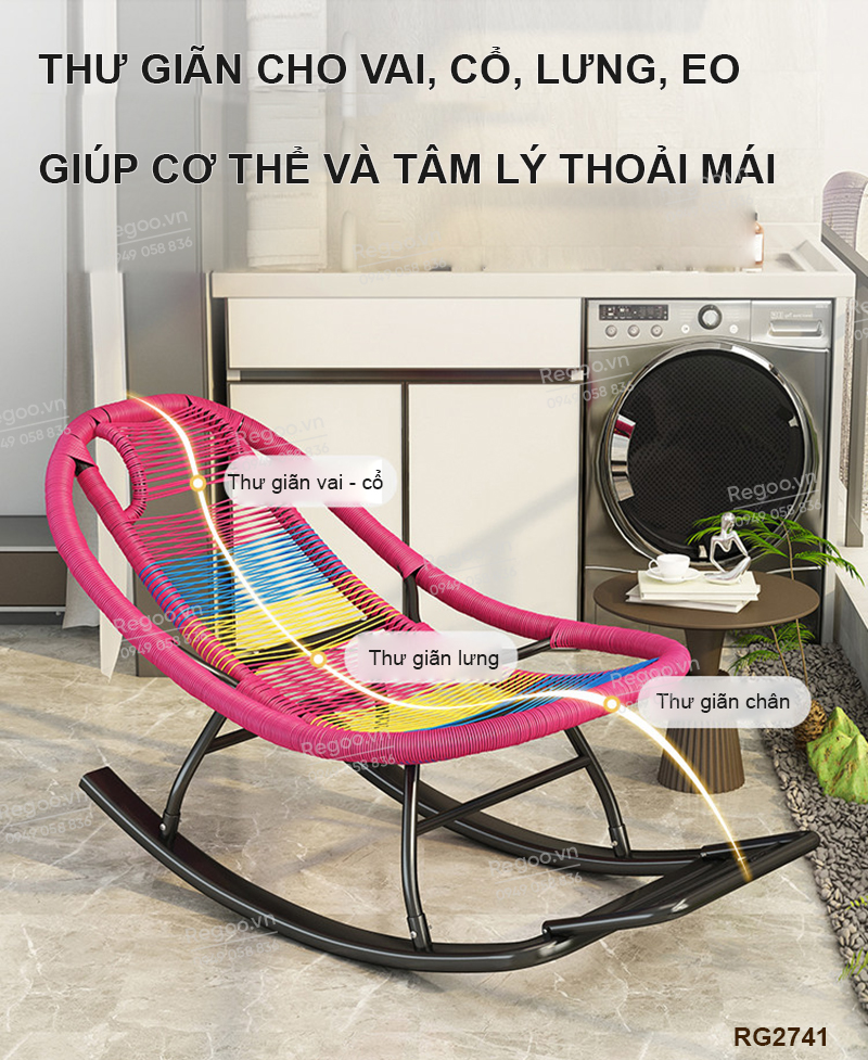 Ghế bập bênh Regoo RG2741, khung kim loại đan mây, bập bênh thư giãn 30°, ghế nằm lười ban công ngủ trưa, ghế rocking chair khung kim loại đan dây cho phòng khách sân vườn