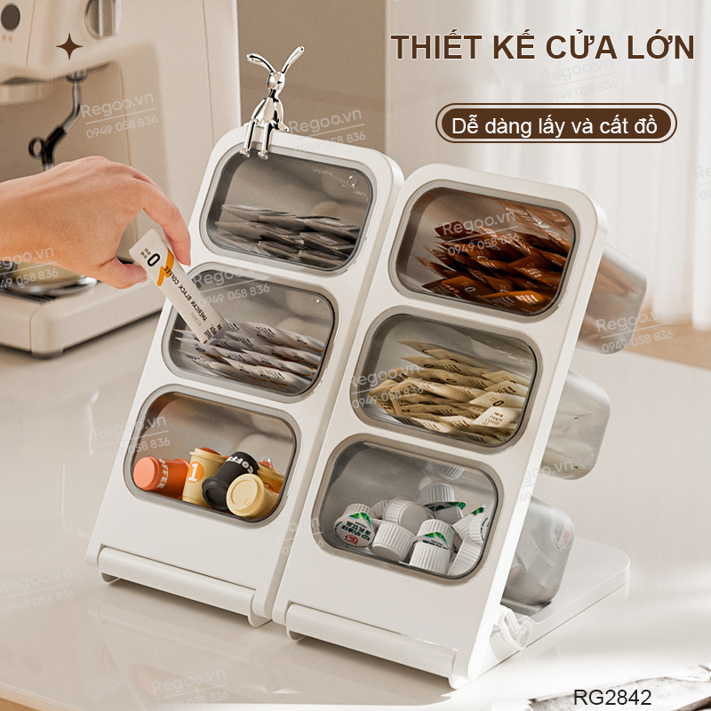 Hộp đựng trà / cà phê để bàn nhiều ngăn RG2843, giúp phân loại gọn gàng, phù hợp dùng trong phòng trà, quầy cà phê hoặc góc bếp.