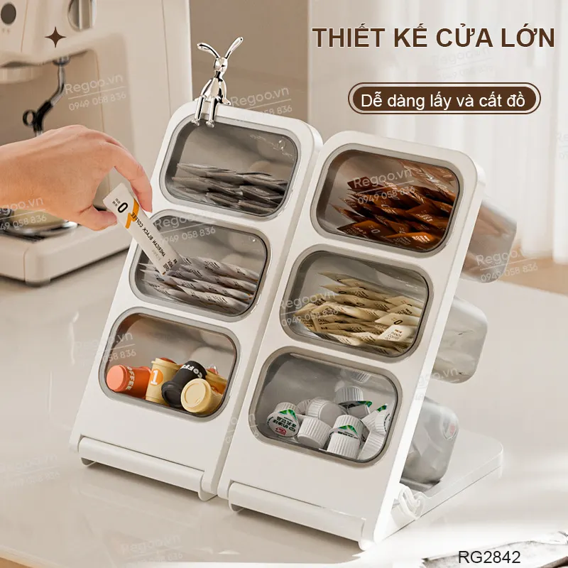 Hộp đựng trà / cà phê để bàn nhiều ngăn RG2843, giúp phân loại gọn gàng, phù hợp dùng trong phòng trà, quầy cà phê hoặc góc bếp.