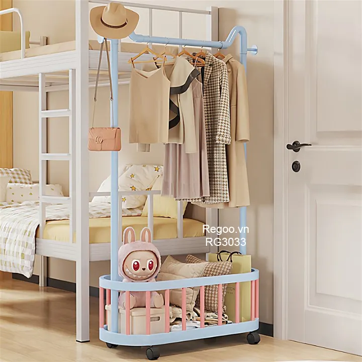 Giá treo quần áo Regoo RG3033 để sàn, có giỏ dưới, bánh xe, size 60/80/100cm