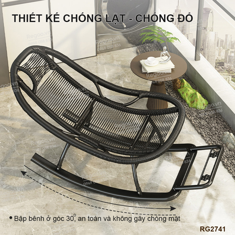 Ghế bập bênh Regoo RG2741, khung kim loại đan mây, bập bênh thư giãn 30°, ghế nằm lười ban công ngủ trưa, ghế rocking chair khung kim loại đan dây cho phòng khách sân vườn