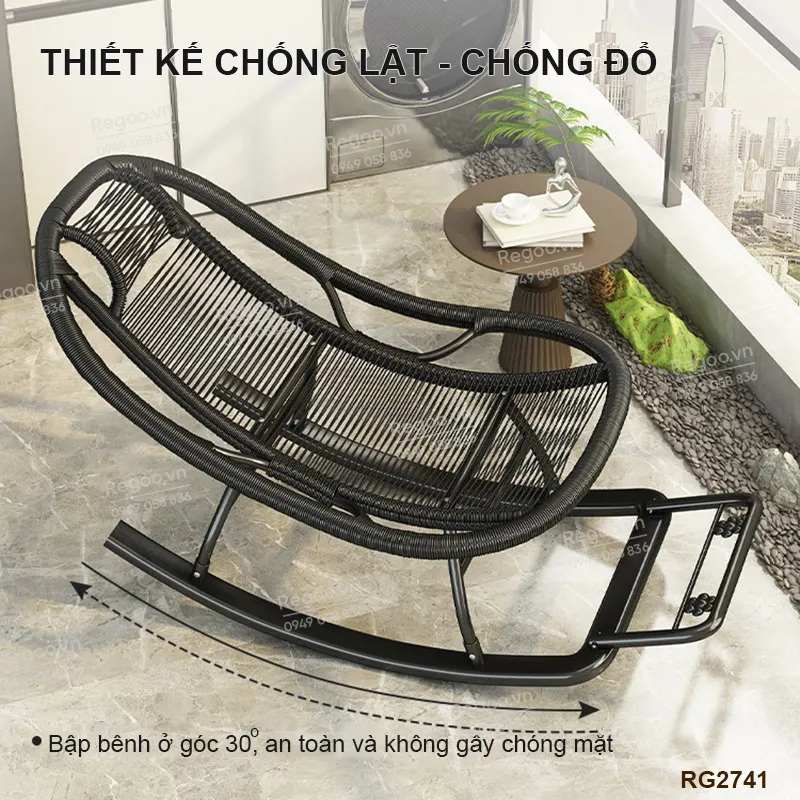 Ghế bập bênh Regoo RG2741, khung kim loại đan mây, bập bênh thư giãn 30°, ghế nằm lười ban công ngủ trưa, ghế rocking chair khung kim loại đan dây cho phòng khách sân vườn