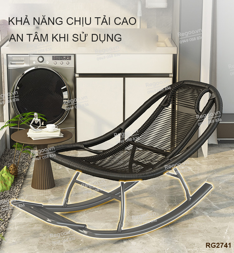 Ghế bập bênh Regoo RG2741, khung kim loại đan mây, bập bênh thư giãn 30°, ghế nằm lười ban công ngủ trưa, ghế rocking chair khung kim loại đan dây cho phòng khách sân vườn