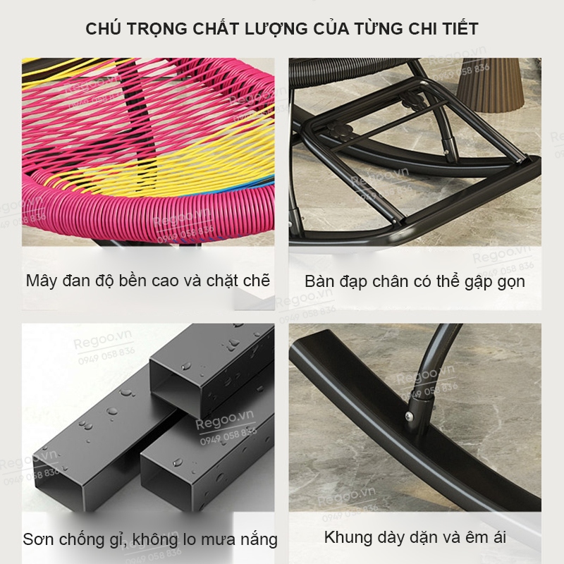 Ghế bập bênh Regoo RG2741, khung kim loại đan mây, bập bênh thư giãn 30°, ghế nằm lười ban công ngủ trưa, ghế rocking chair khung kim loại đan dây cho phòng khách sân vườn