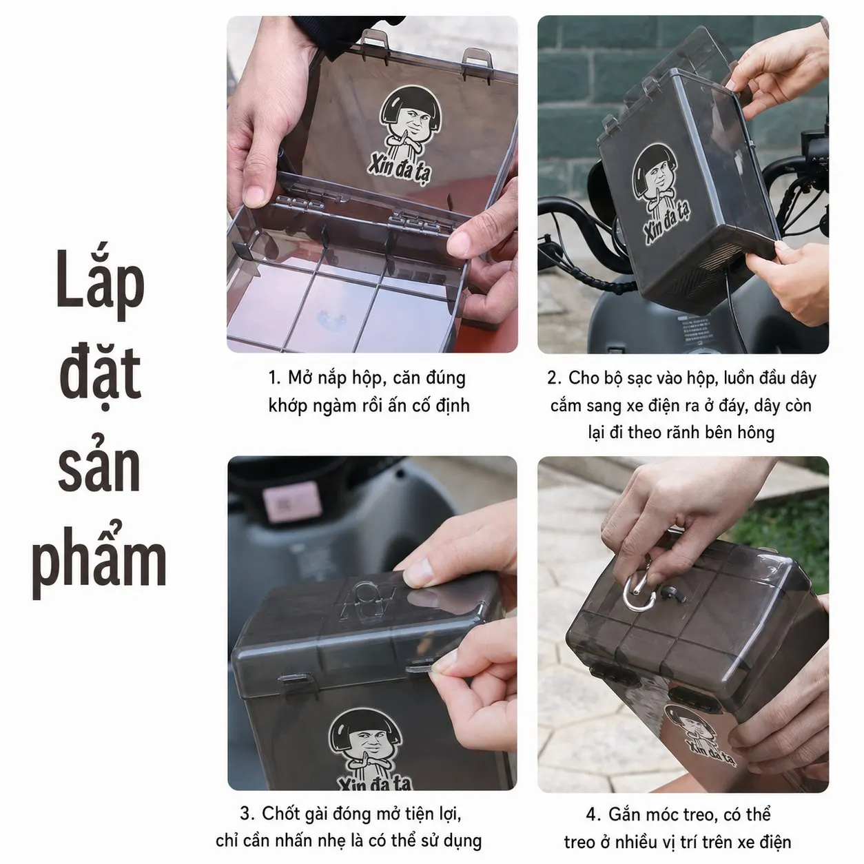 Hộp chống mưa bộ sạc xe điện 24,5 × 14,5 × 11 cm, nhựa PP, móc treo và đáy tản nhiệt