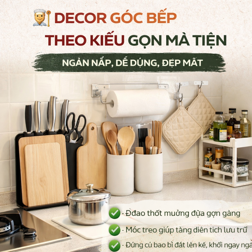 Decor góc bếp theo kiểu gọn mà tiện: 7 cách làm bếp sáng mắt, dễ dùng và đỡ bừa