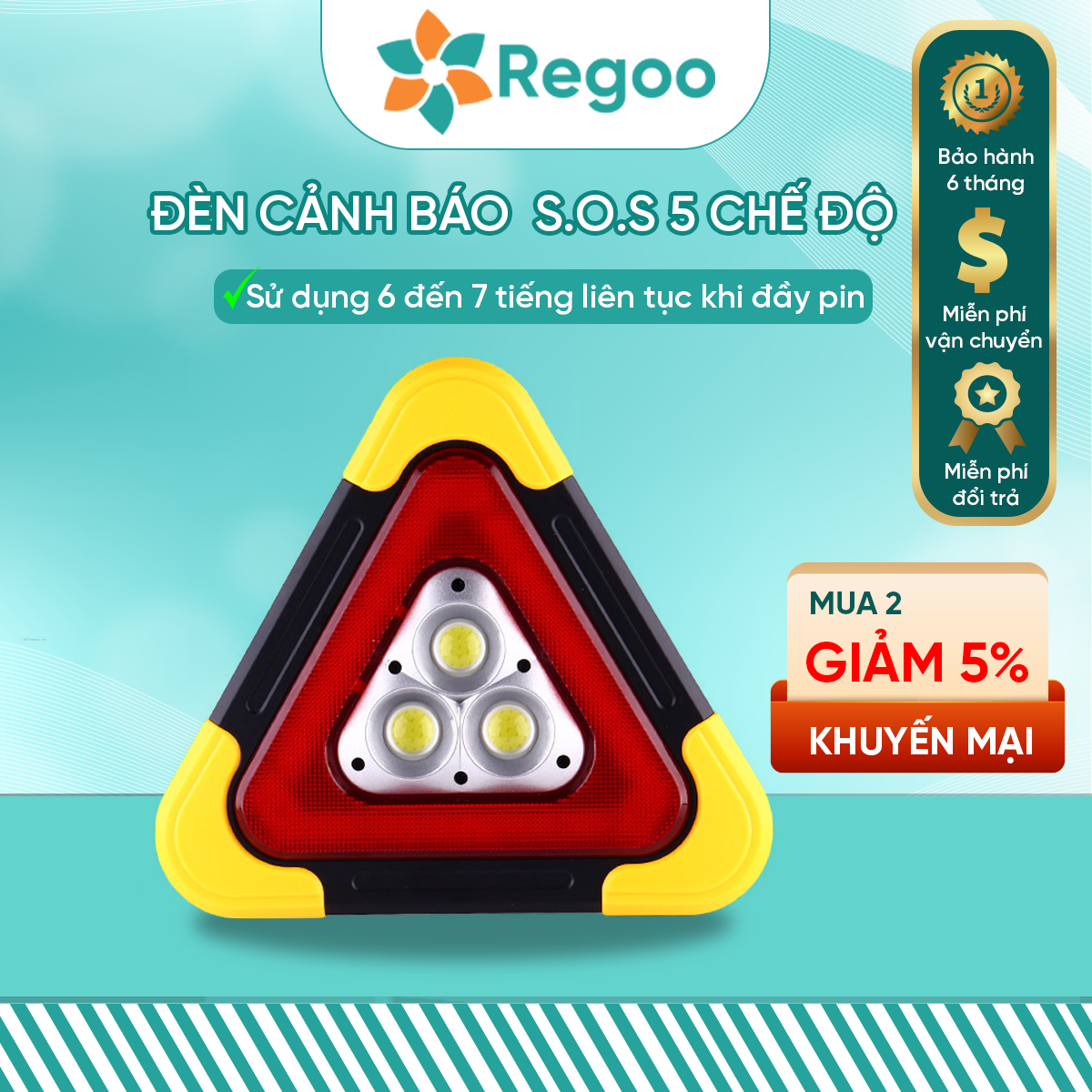 Đèn cảnh báo SOS Regoo 931, 33 LED đỏ, tầm nhìn 200m, có bản pin AA và pin sạc NLMT