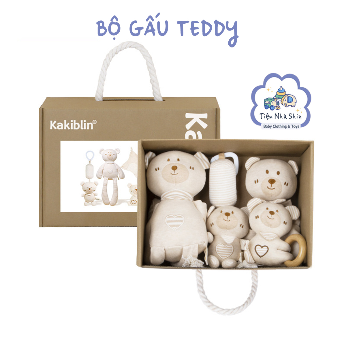 HỎA TỐC Bộ quà tặng sơ sinh 4 món gồm xúc xắc RG2049, treo nôi, gấu ôm lớn và gấu ngủ đa năng