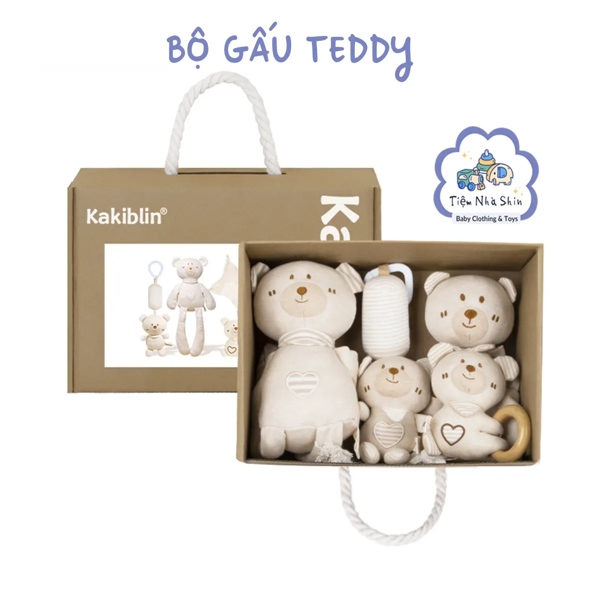 HỎA TỐC Bộ quà tặng sơ sinh 4 món gồm xúc xắc RG2049, treo nôi, gấu ôm lớn và gấu ngủ đa năng