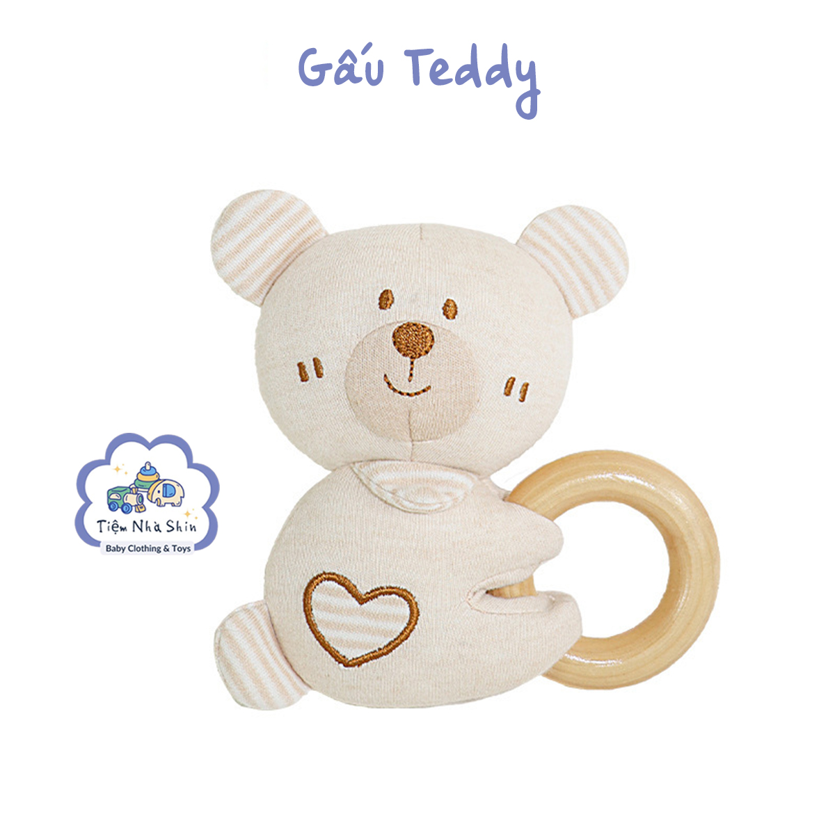 Lục lạc cầm tay Regoo cotton hữu cơ RG2049, vòng gỗ gặm nướu, xúc xắc chuông cho bé 0-3 tuổi