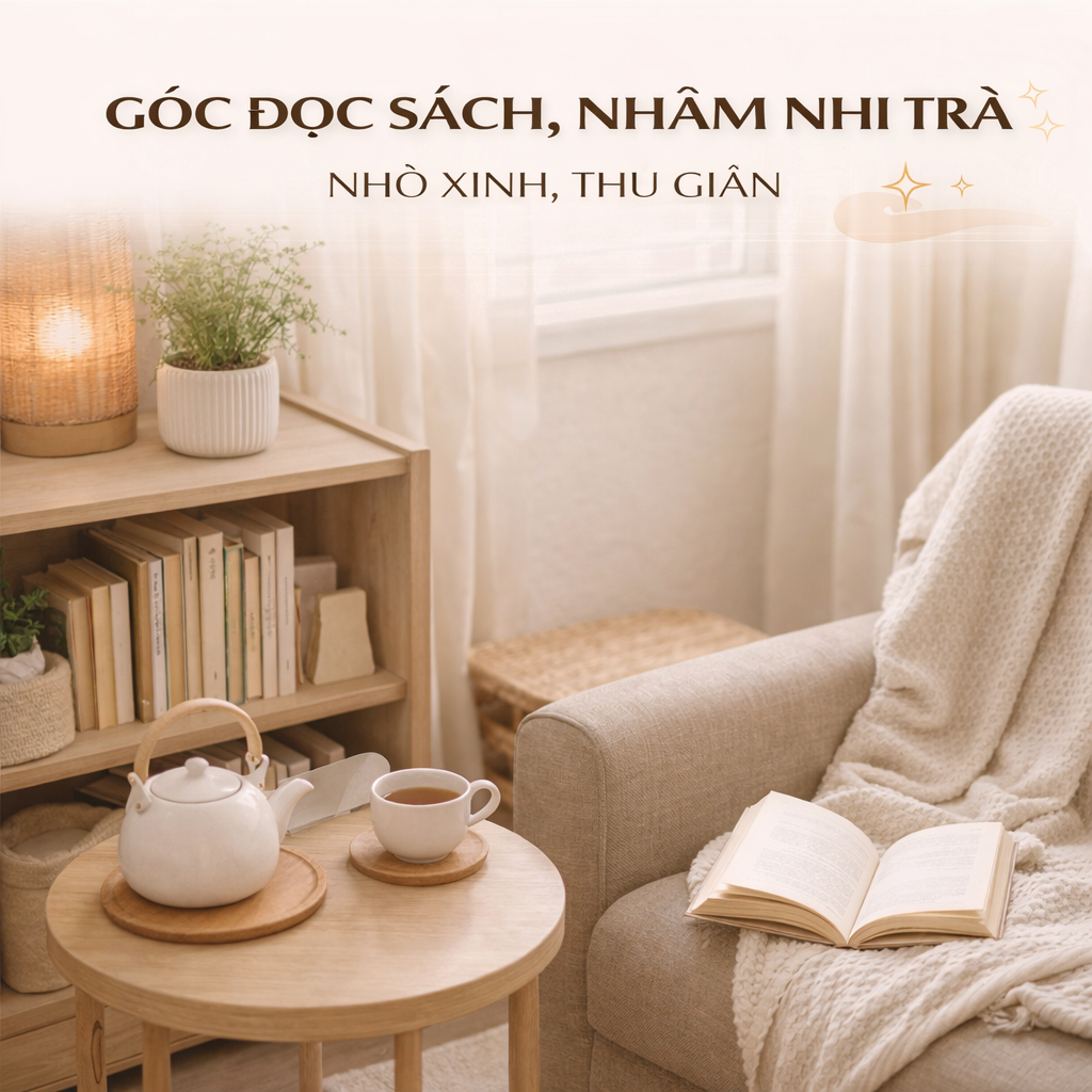 Góc đọc sách hoặc uống trà nhỏ trong nhà: không cần rộng, chỉ cần đúng chỗ và dễ ngồi lại