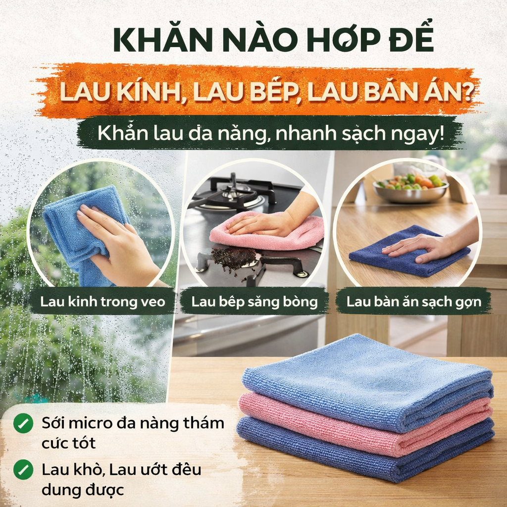 Khăn nào hợp để lau kính, lau bếp, lau bàn ăn? Cách chia khăn để lau sạch hơn mà đỡ ám mùi