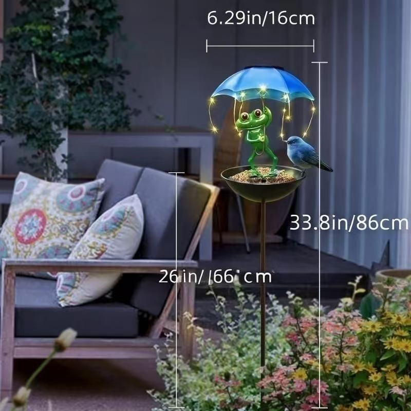 Đèn sân vườn NLMT Regoo RG3137, kiêm khay cho chim ăn, hình thú đội ô, decor ngoài trời