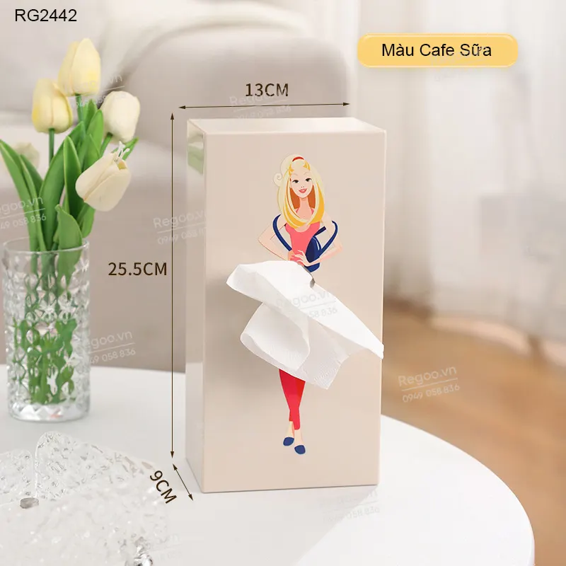 Hộp đựng khăn giấy Regoo RG2442, nhựa ABS, họa tiết cô gái, để bàn gọn đẹp, hộp rút giấy ăn đa năng cho phòng khách bàn trà quán cafe phong cách hiện đại