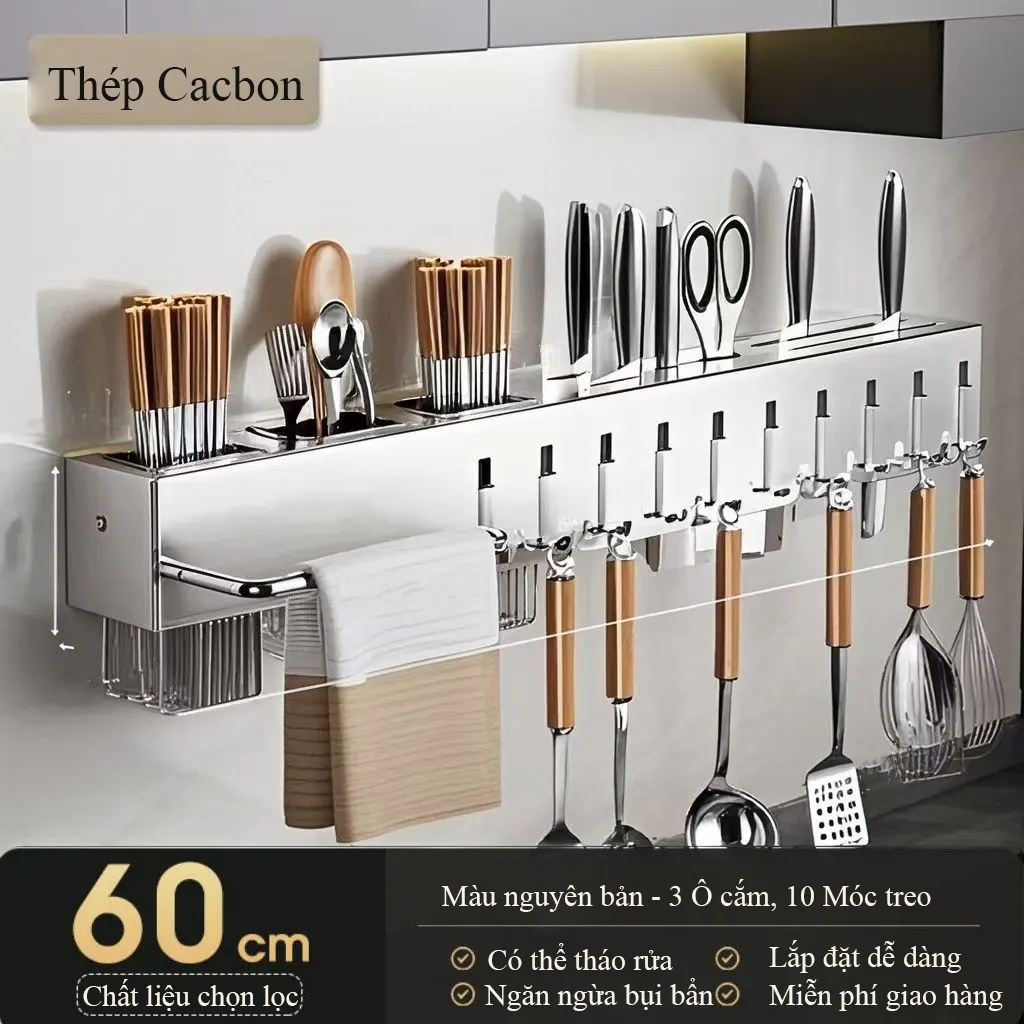 Giá đỡ dao treo tường Regoo RG2033, 60cm, 10 móc, lắp không khoan, tích hợp chỗ để đũa và khăn lau