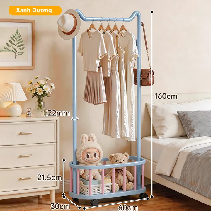 Giá treo quần áo Regoo RG3033 để sàn, có giỏ dưới, bánh xe, size 60/80/100cm