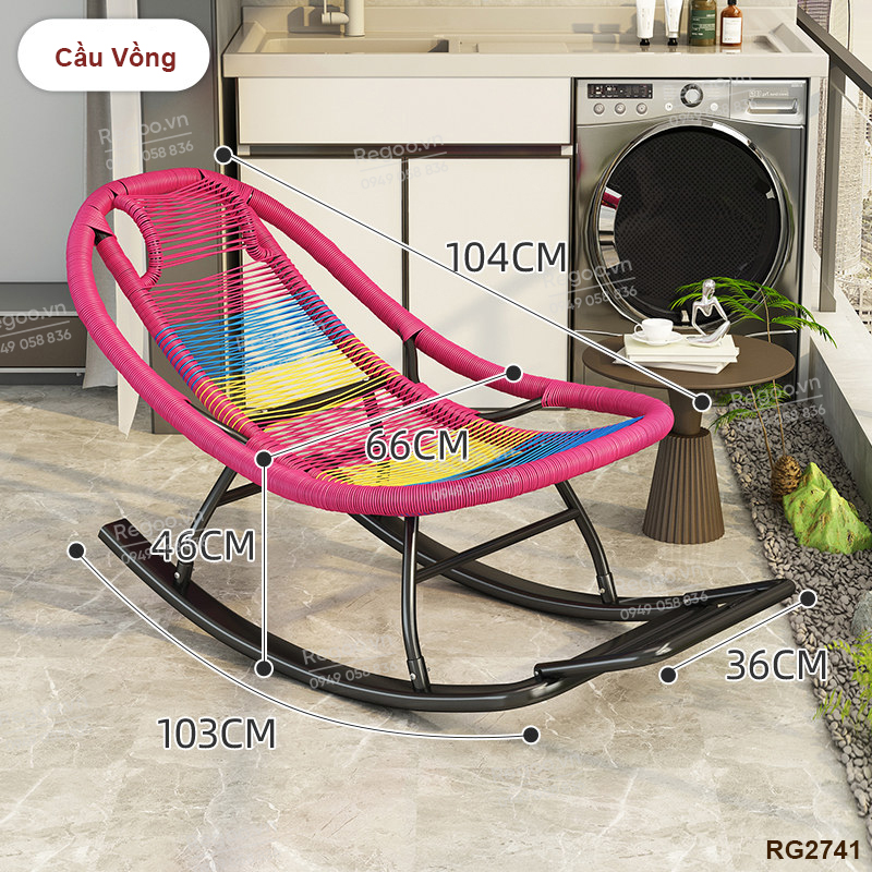 Ghế bập bênh Regoo RG2741, khung kim loại đan mây, bập bênh thư giãn 30°, ghế nằm lười ban công ngủ trưa, ghế rocking chair khung kim loại đan dây cho phòng khách sân vườn