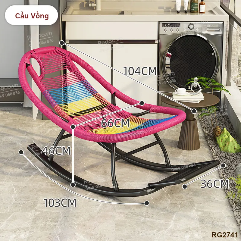 Ghế bập bênh Regoo RG2741, khung kim loại đan mây, bập bênh thư giãn 30°, ghế nằm lười ban công ngủ trưa, ghế rocking chair khung kim loại đan dây cho phòng khách sân vườn