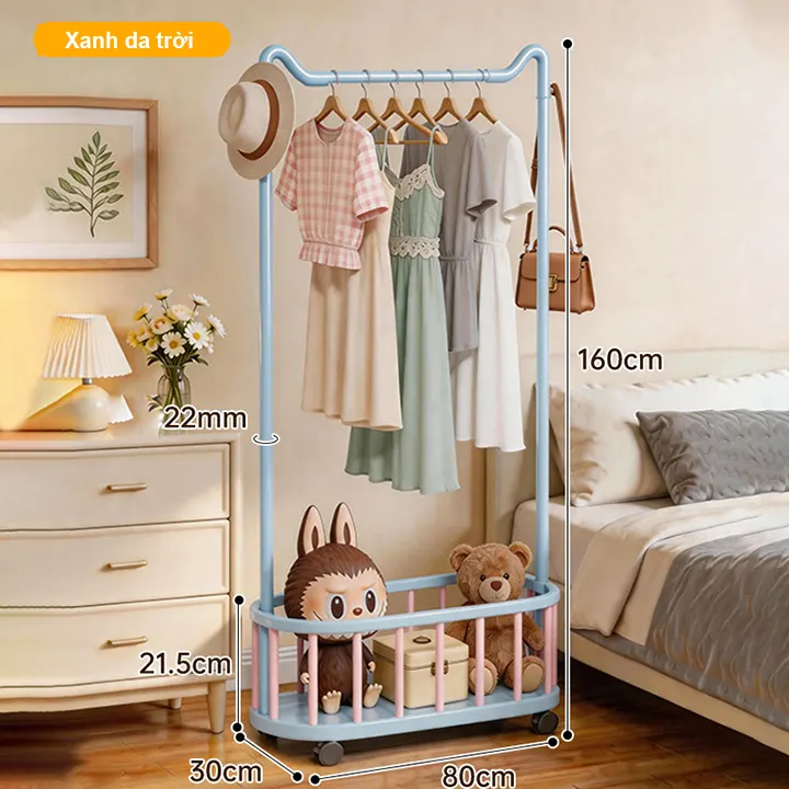 Giá treo quần áo Regoo RG3033 để sàn, có giỏ dưới, bánh xe, size 60/80/100cm