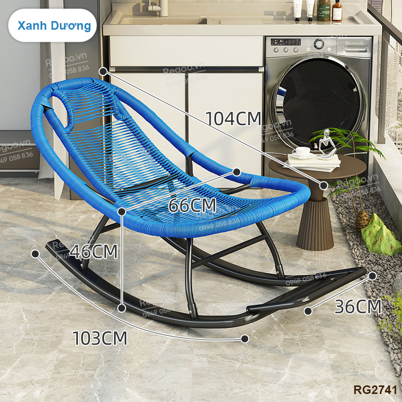 Ghế bập bênh Regoo RG2741, khung kim loại đan mây, bập bênh thư giãn 30°, ghế nằm lười ban công ngủ trưa, ghế rocking chair khung kim loại đan dây cho phòng khách sân vườn