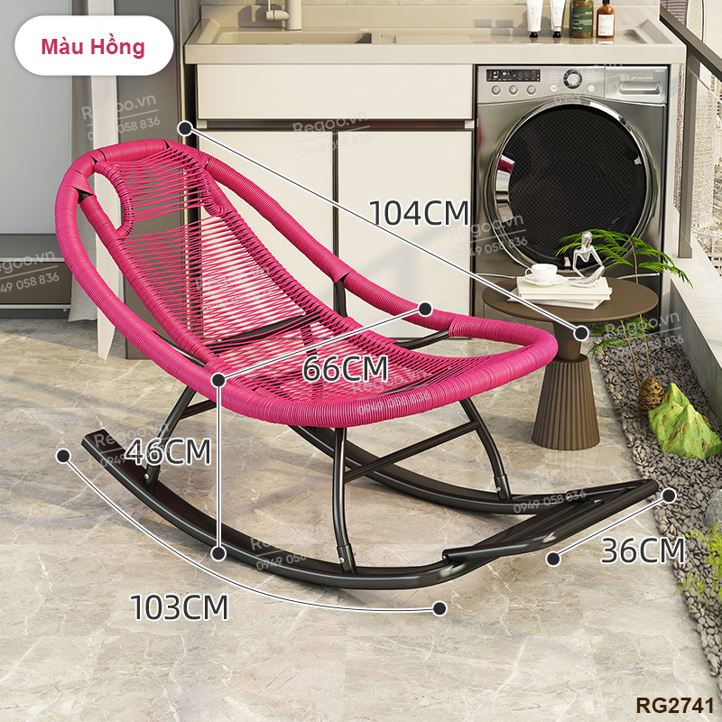 Ghế bập bênh Regoo RG2741, khung kim loại đan mây, bập bênh thư giãn 30°, ghế nằm lười ban công ngủ trưa, ghế rocking chair khung kim loại đan dây cho phòng khách sân vườn